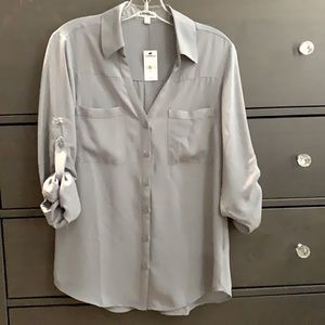 Express long sleeve, v-neck, button up blouse. Blueish grey. Size M. NWT